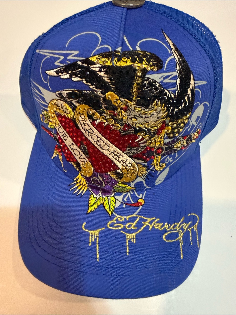 Ed Hardy Royal Blue Sequined Eagle Trucker Hat with Gold Accents